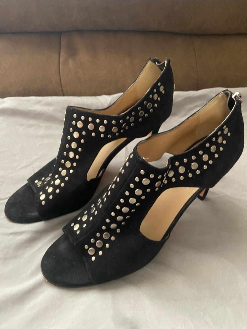 Vaneli Black Suede Open-Toe Heels with Silver Studs